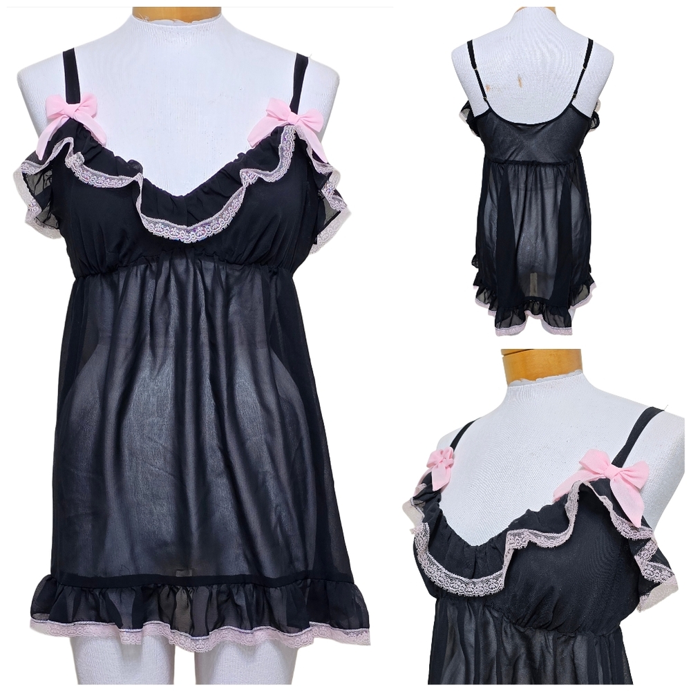 Vtg Flora Black Sheer Pink Lace Sz L Babydoll Top Cami Fairy Goth Valentine Love